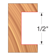 Freud groover bit with 1/2" groove width profile shown on light wood sample with red cutting line indicator.