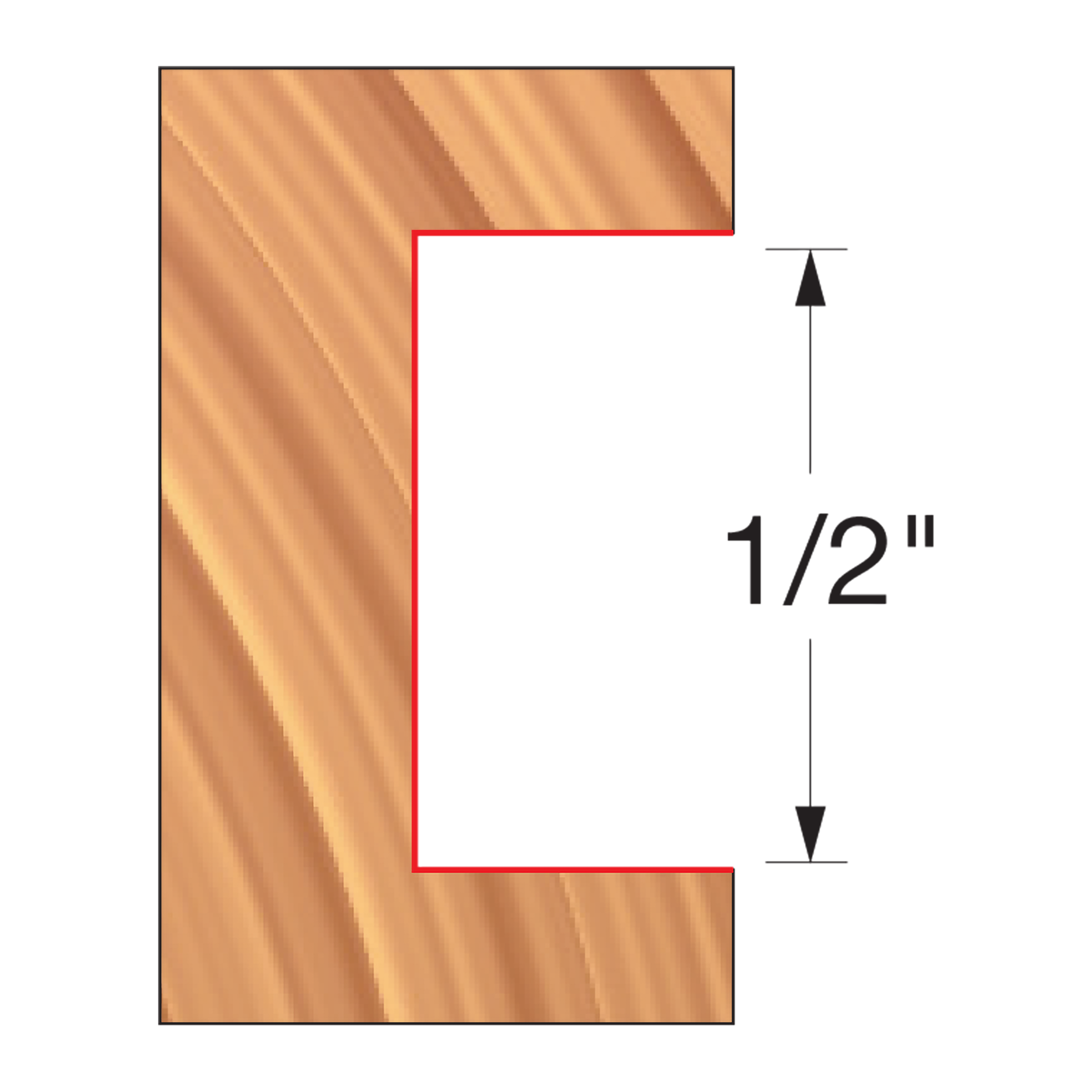 Freud groover bit with 1/2" groove width profile shown on light wood sample with red cutting line indicator.