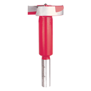 Red and silver Forstner bit with cylindrical body and flat cutting head with center point.