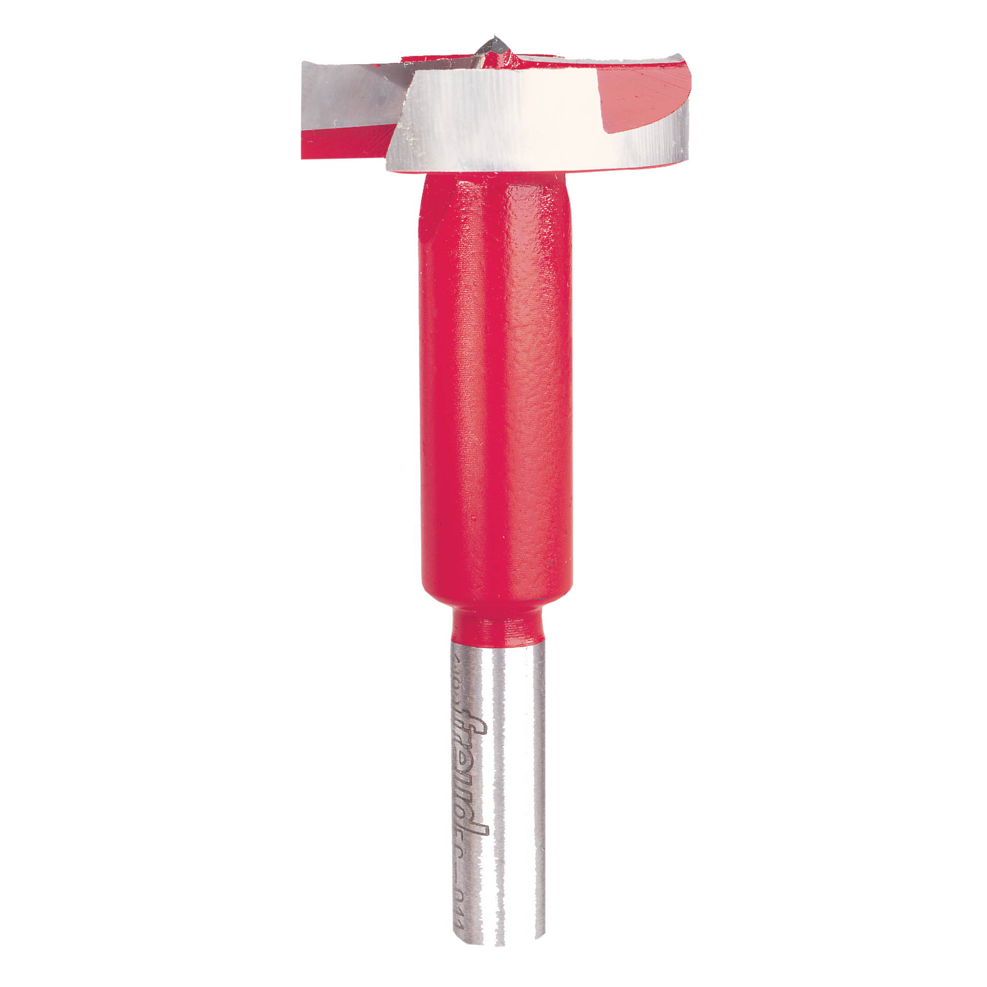 Red and silver Forstner bit with cylindrical body and flat cutting head with center point.