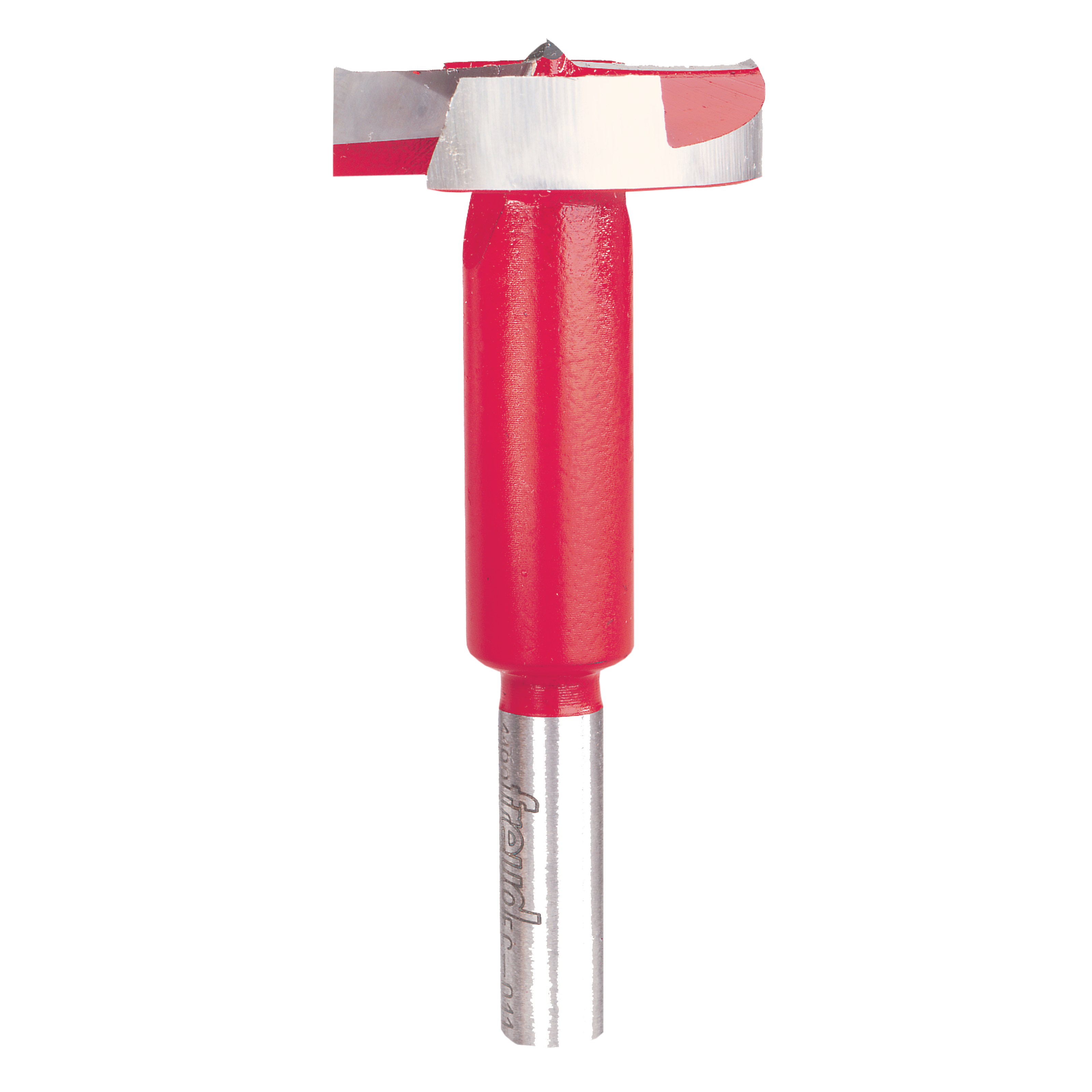 Red and silver Forstner bit with cylindrical body and flat cutting head with center point.
