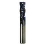 Black and gray four-flute compression router bit with twisted flutes and cylindrical shank.