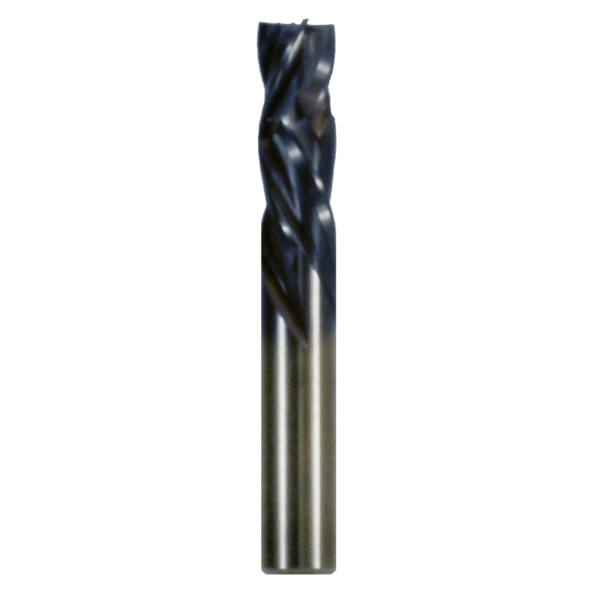 Black and gray four-flute compression router bit with twisted flutes and cylindrical shank.