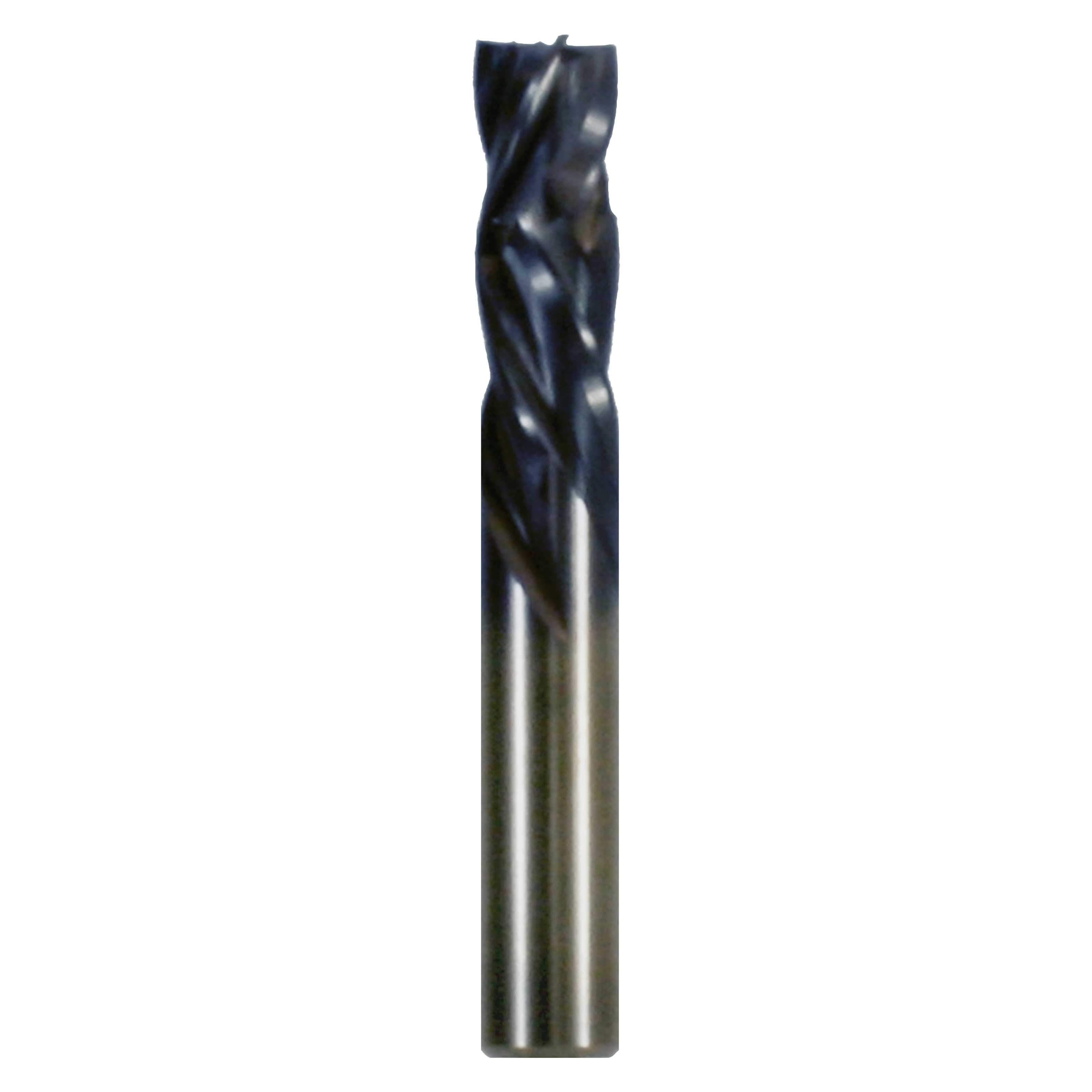 Black and gray four-flute compression router bit with twisted flutes and cylindrical shank.