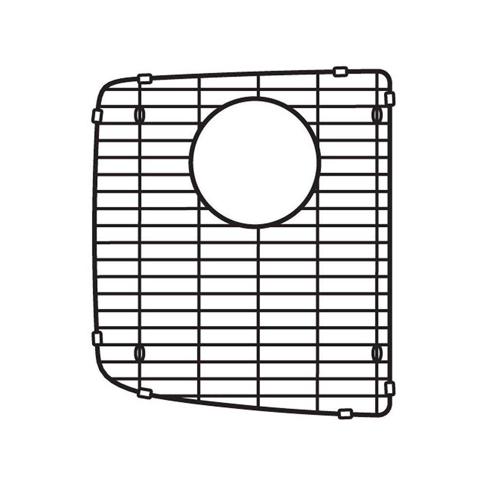 Stainless steel sink grid with horizontal bars and circular drain hole, corner mounting feet visible.