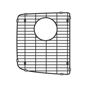 Stainless steel sink grid with horizontal bars and circular drain hole, corner mounting feet visible.