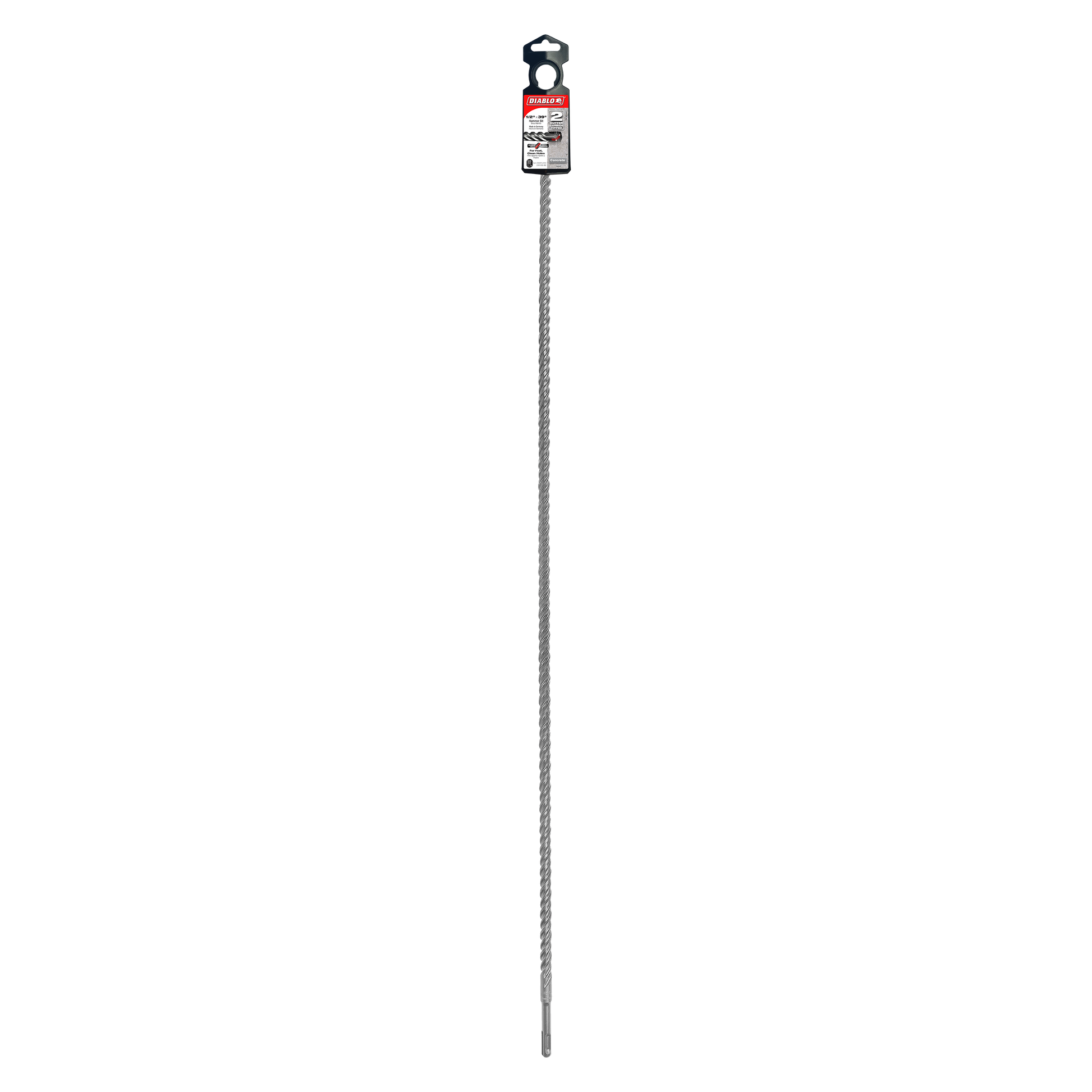 Gray SDS-Plus hammer drill bit with red and black chuck attachment at top end.