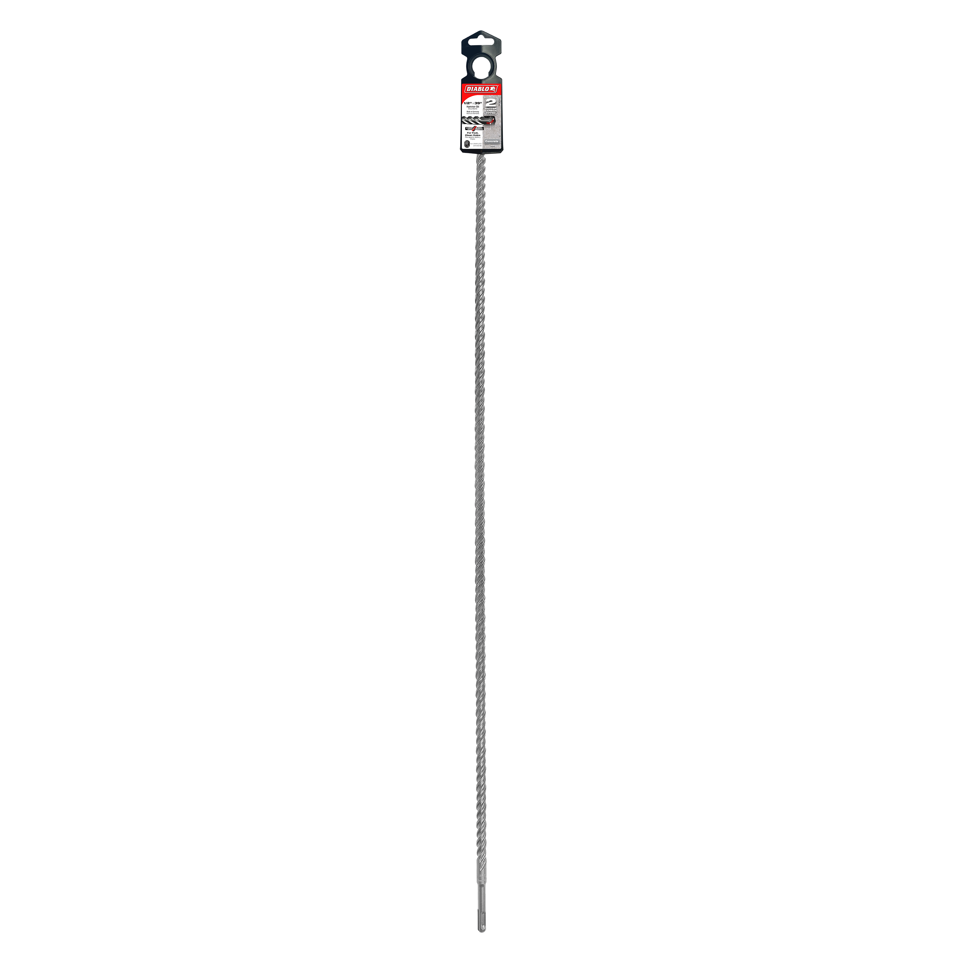 Gray SDS-Plus hammer drill bit with red and black chuck attachment at top end.