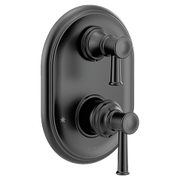 Matte black oval shower valve trim with upper and lower lever handles and circular escutcheon plate.