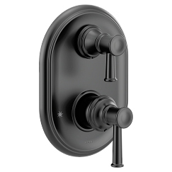 Matte black oval shower valve trim with upper and lower lever handles and circular escutcheon plate.