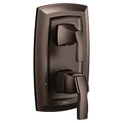 Oil rubbed bronze shower trim with two lever handles and integrated transfer valve on rectangular escutcheon plate.