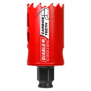 Red carbide-tipped holesaw with jagged cutting edge and black cylindrical shank labeled for wood and metal.