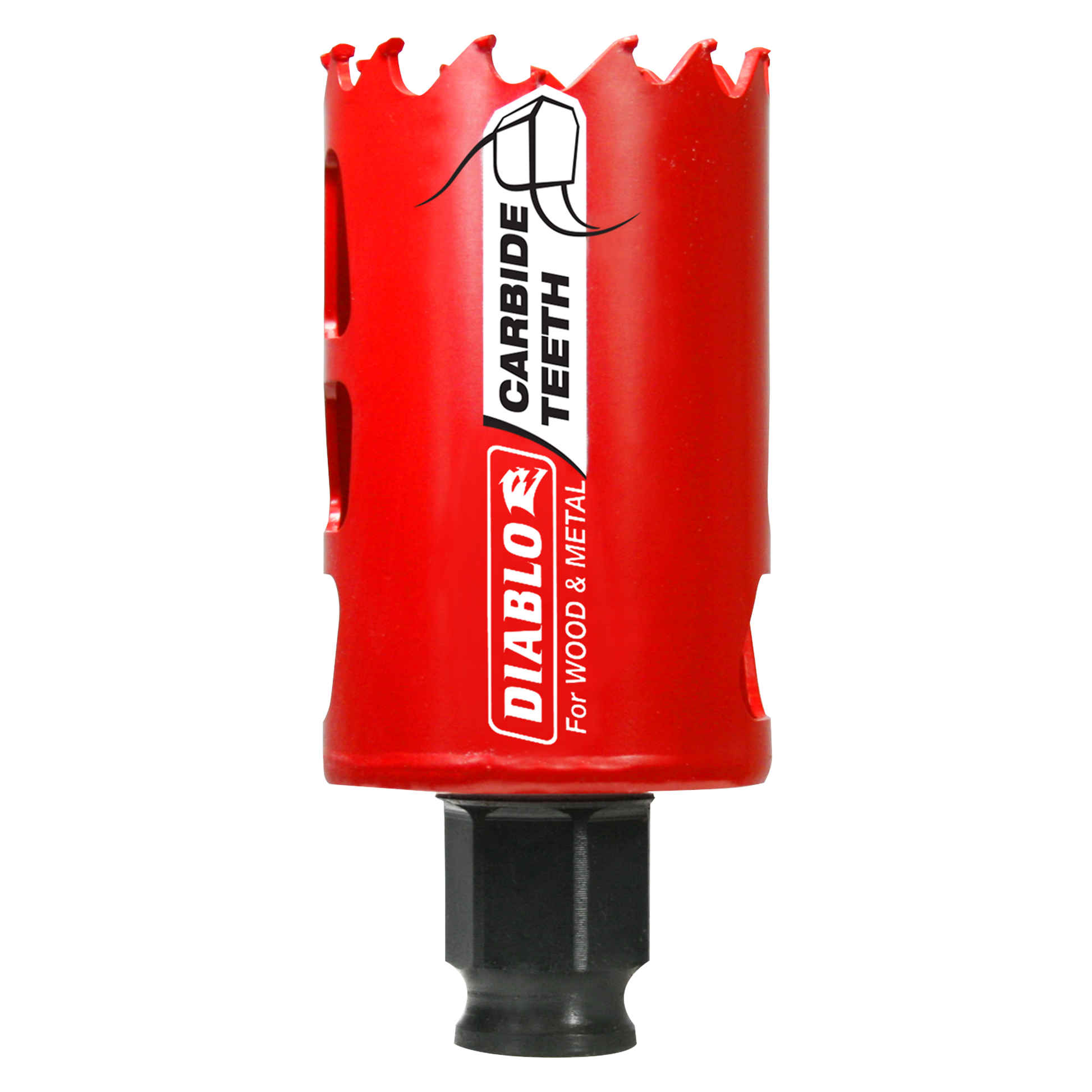 Red carbide-tipped holesaw with jagged cutting edge and black cylindrical shank labeled for wood and metal.