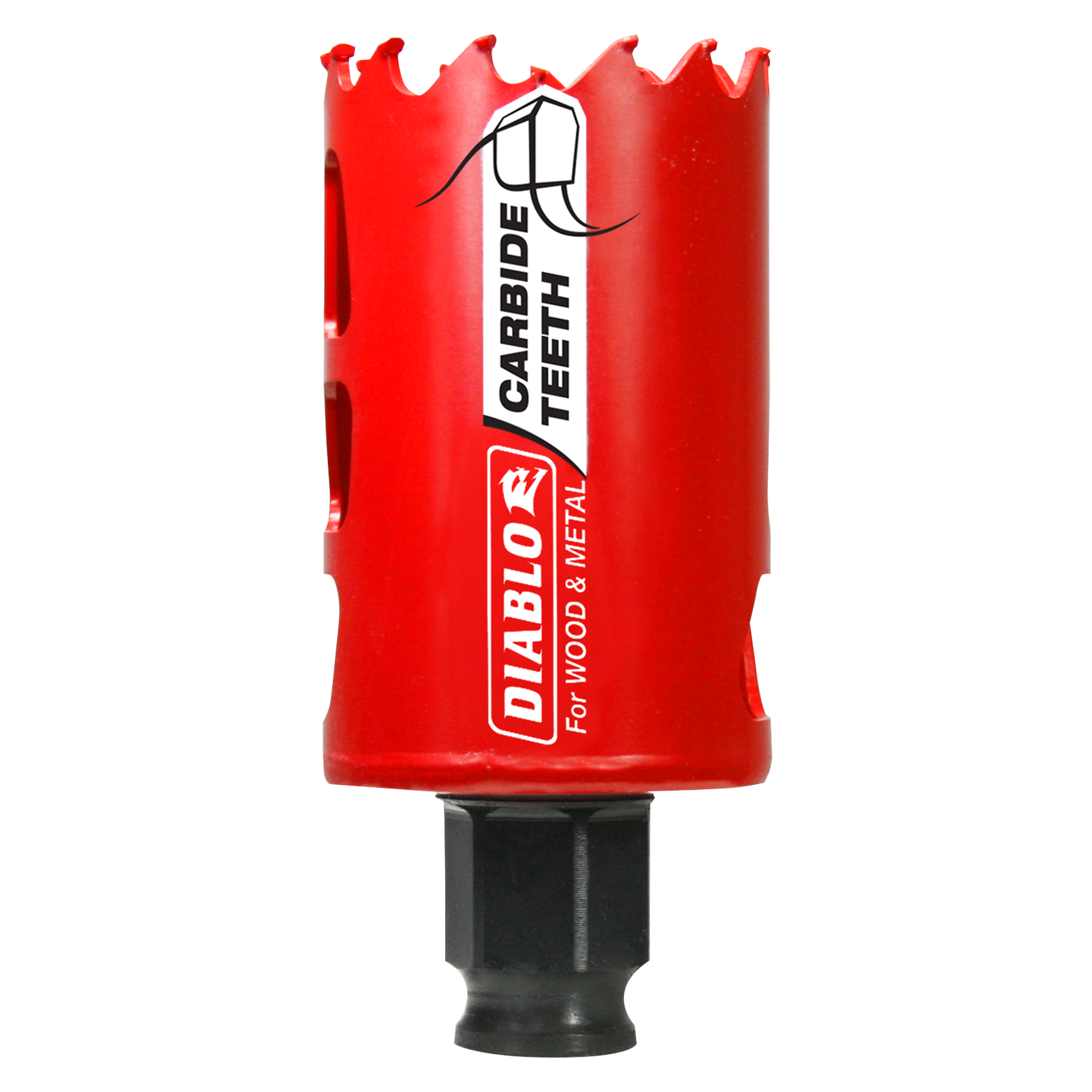 Red carbide-tipped holesaw with jagged cutting edge and black cylindrical shank labeled for wood and metal.