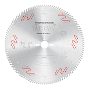 Circular saw blade with fine carbide teeth around perimeter, central arbor hole, and red tooth indicator markings.
