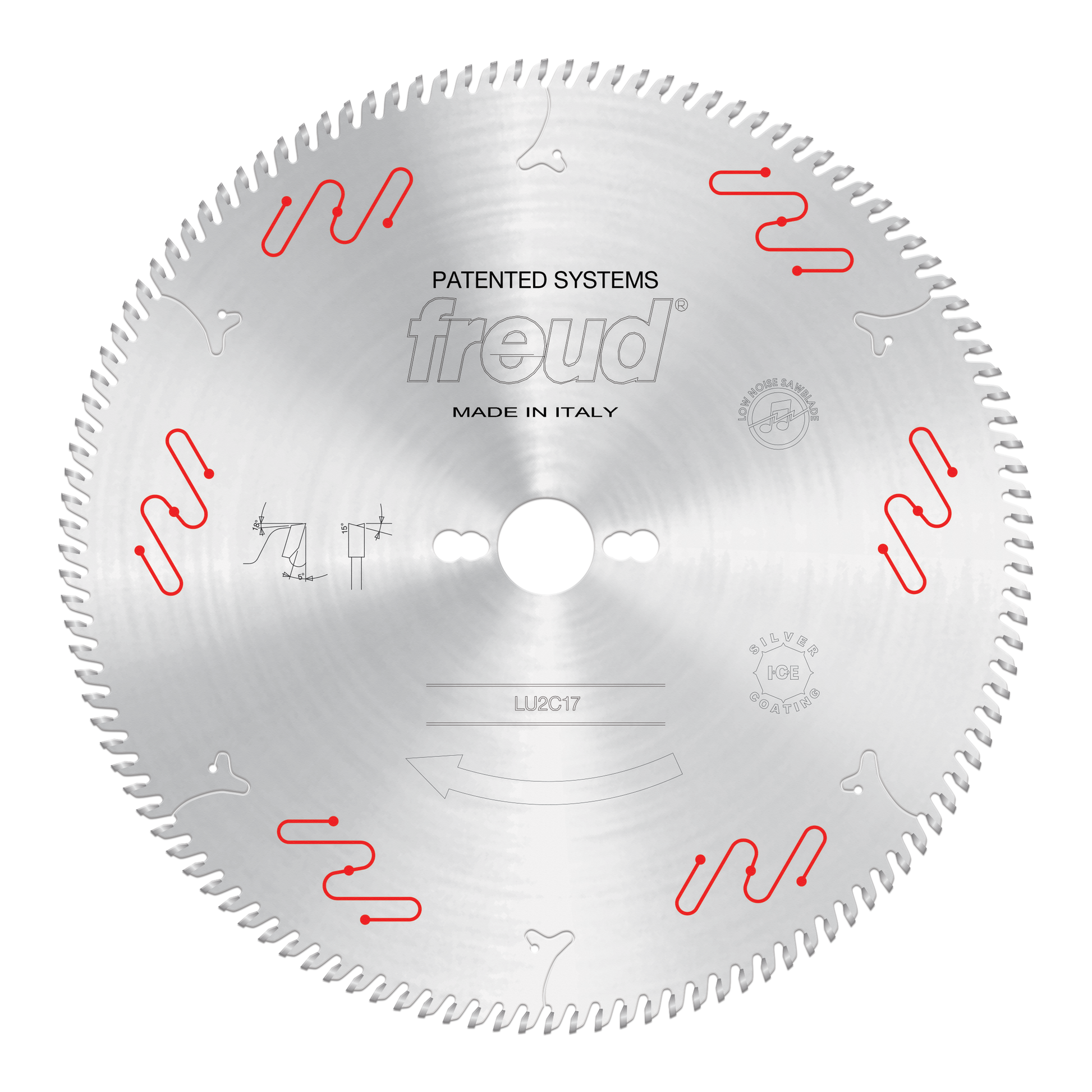 Circular saw blade with fine carbide teeth around perimeter, central arbor hole, and red tooth indicator markings.