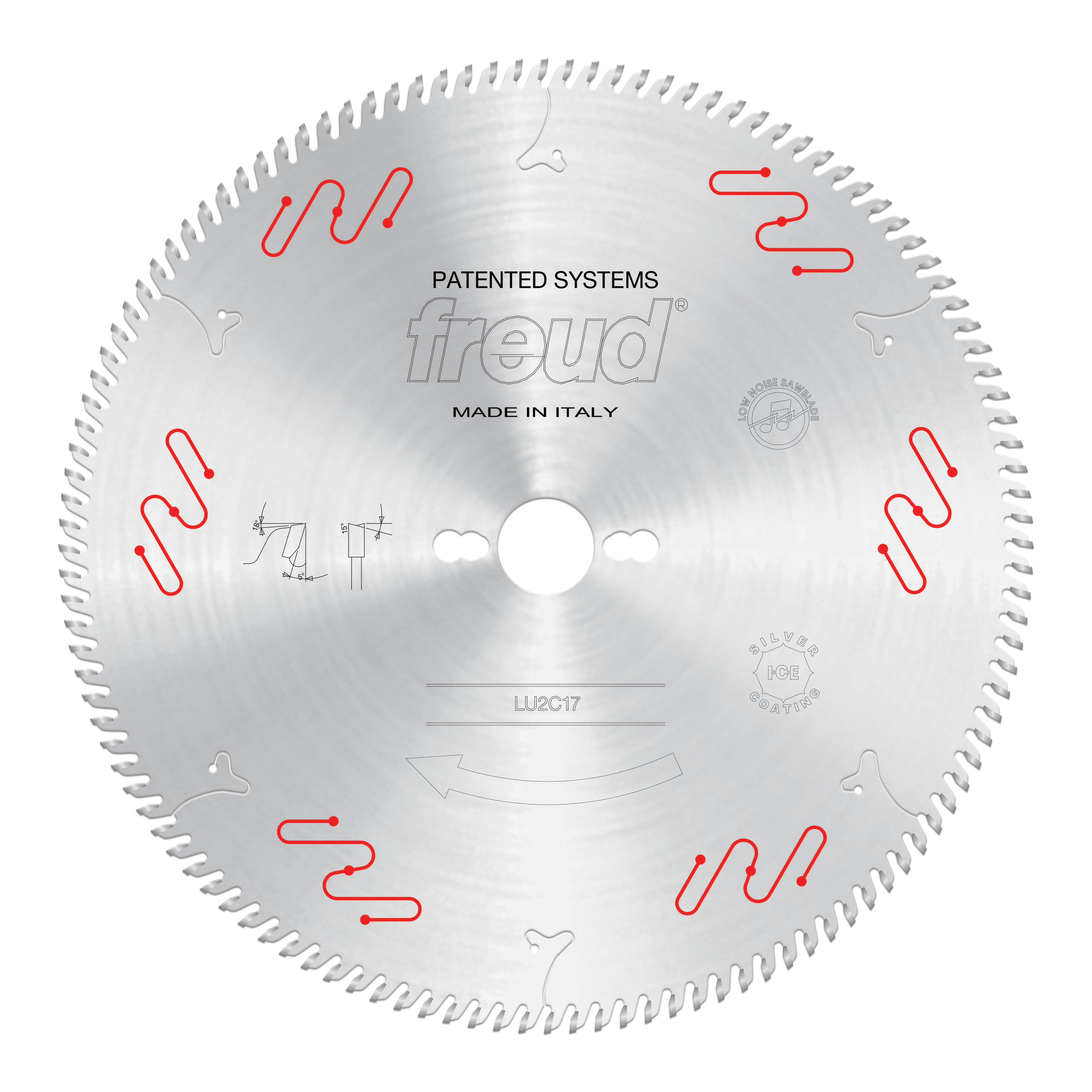 Circular saw blade with fine carbide teeth around perimeter, central arbor hole, and red tooth indicator markings.