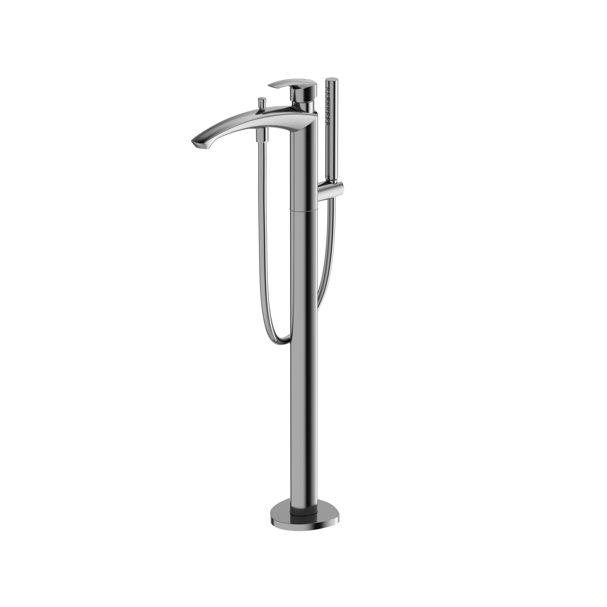 Polished chrome free-standing tub filler with single handle, curved spout, and attached handshower on hose.