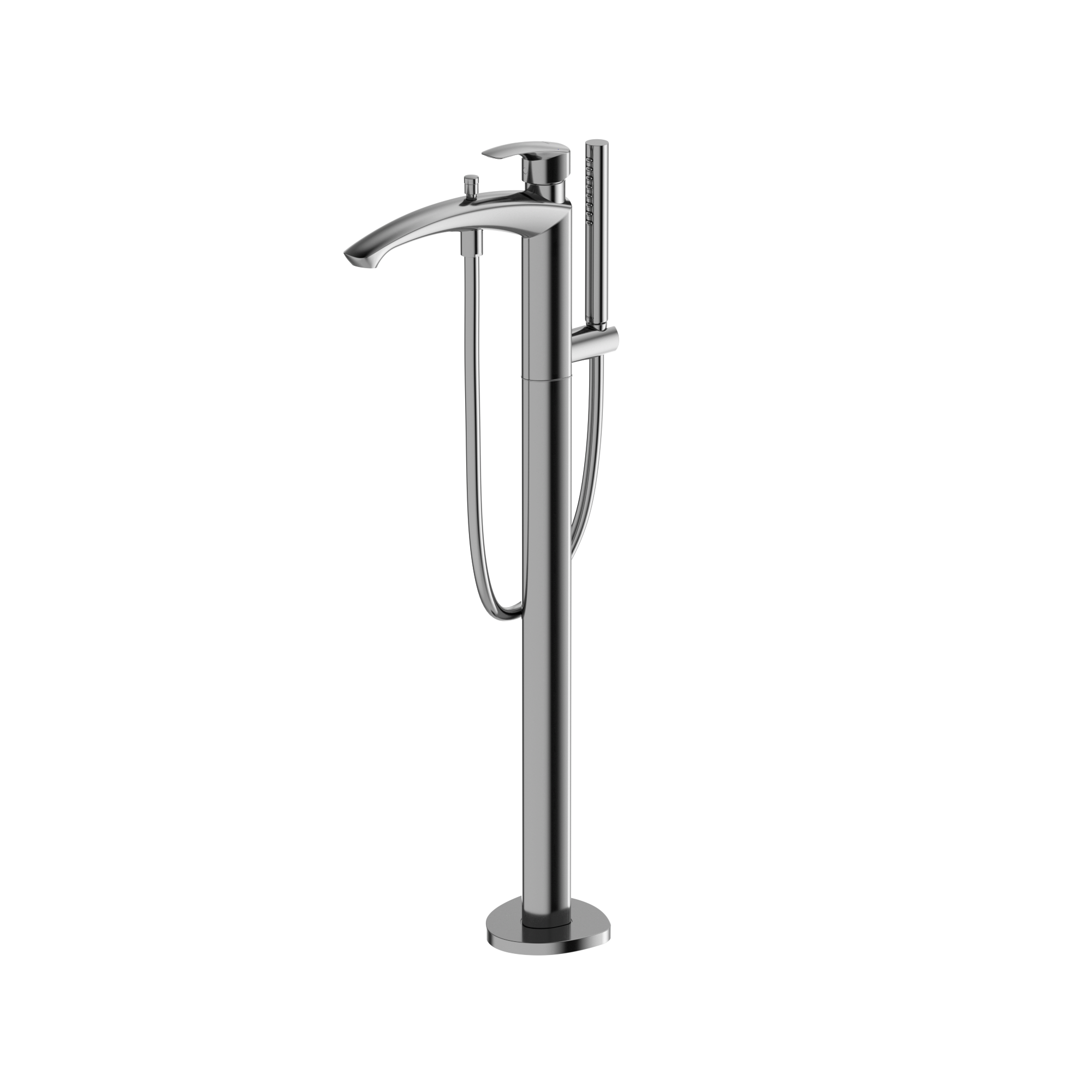 Polished chrome free-standing tub filler with single handle, curved spout, and attached handshower on hose.