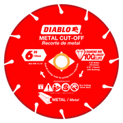 Red circular diamond cut-off blade with white segment teeth, gold center arbor, and Diablo branding for metal cutting.