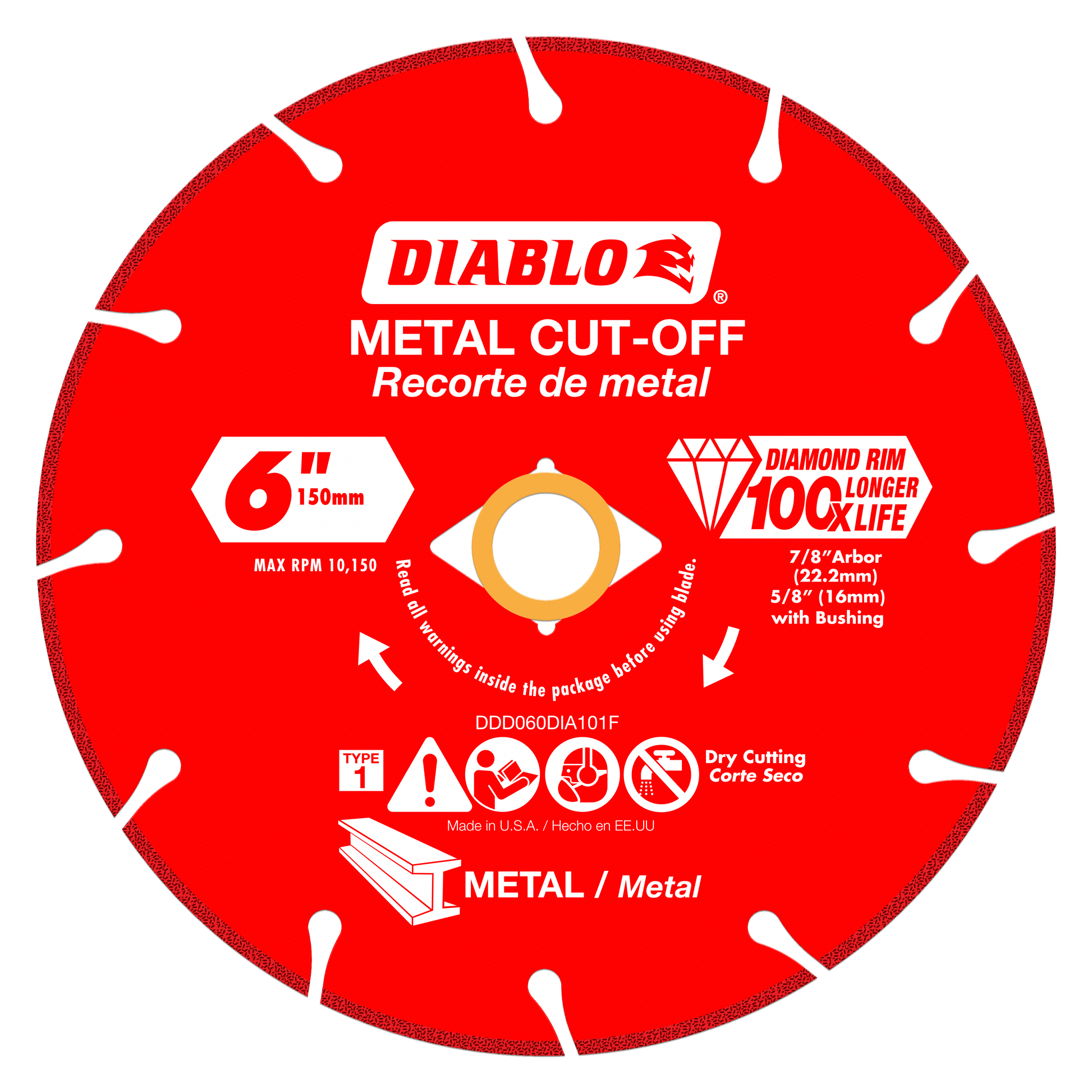 Red circular diamond cut-off blade with white segment teeth, gold center arbor, and Diablo branding for metal cutting.