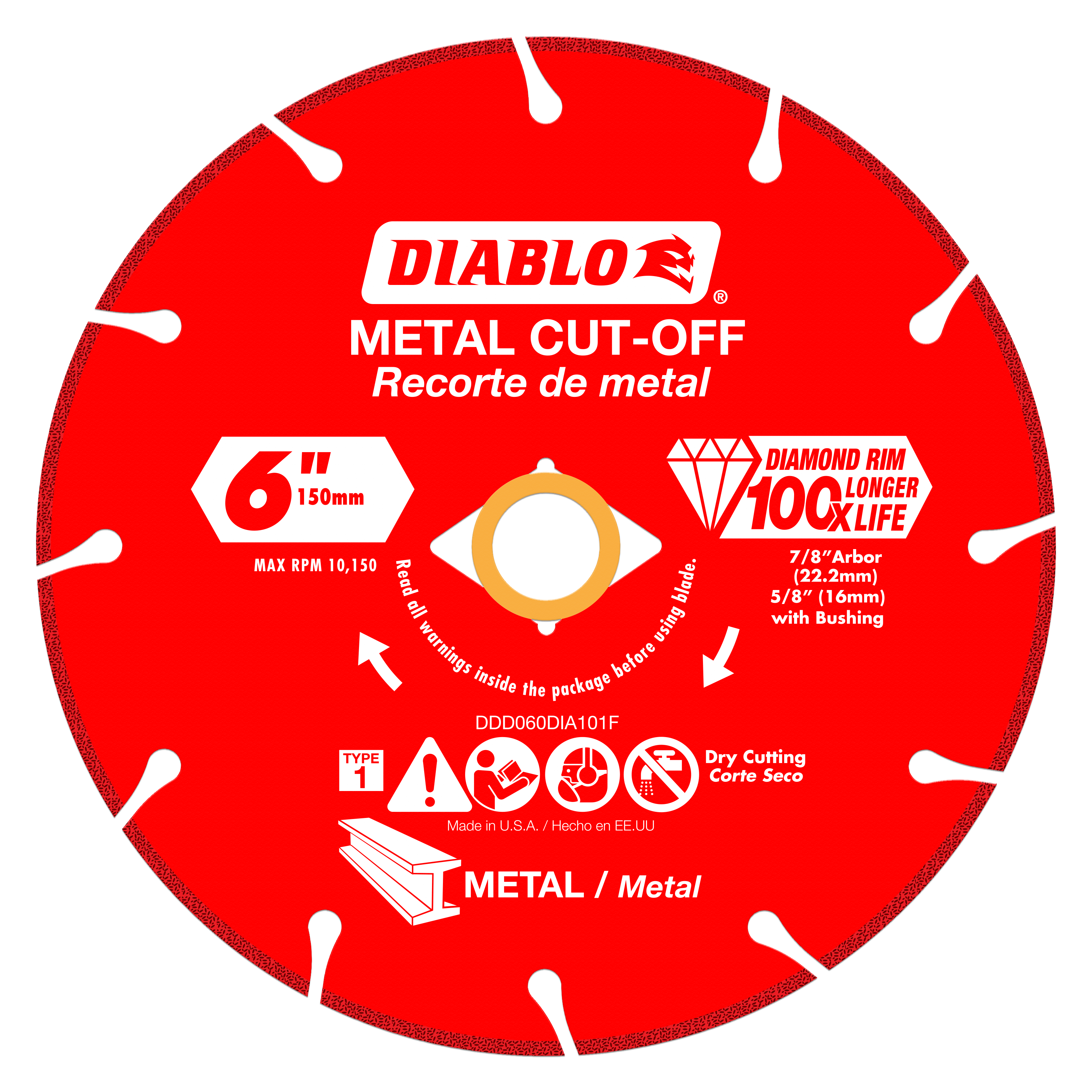 Red circular diamond cut-off blade with white segment teeth, gold center arbor, and Diablo branding for metal cutting.