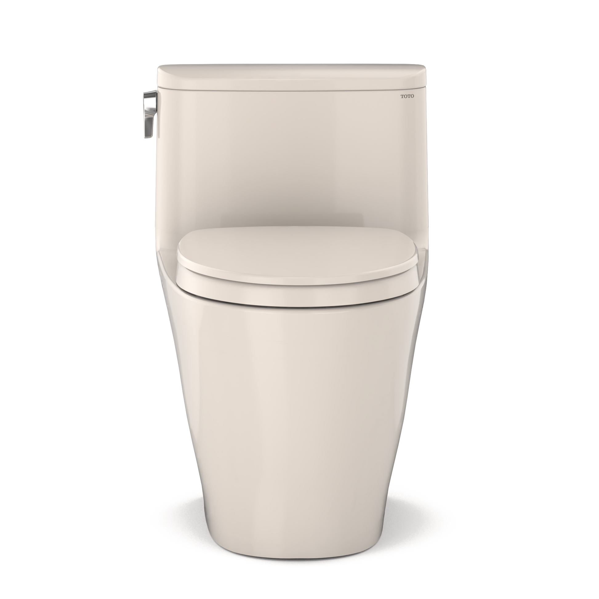 Sedona beige one-piece elongated toilet with soft-close seat and chrome bidet attachment lever.