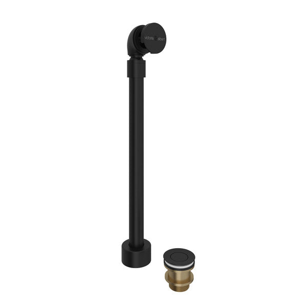Black freestanding bathtub drain assembly with vertical pipe, ball joint connector, and brass drain insert.