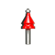 Red and silver handrail router bit with conical cutting head and metal shank for woodworking.