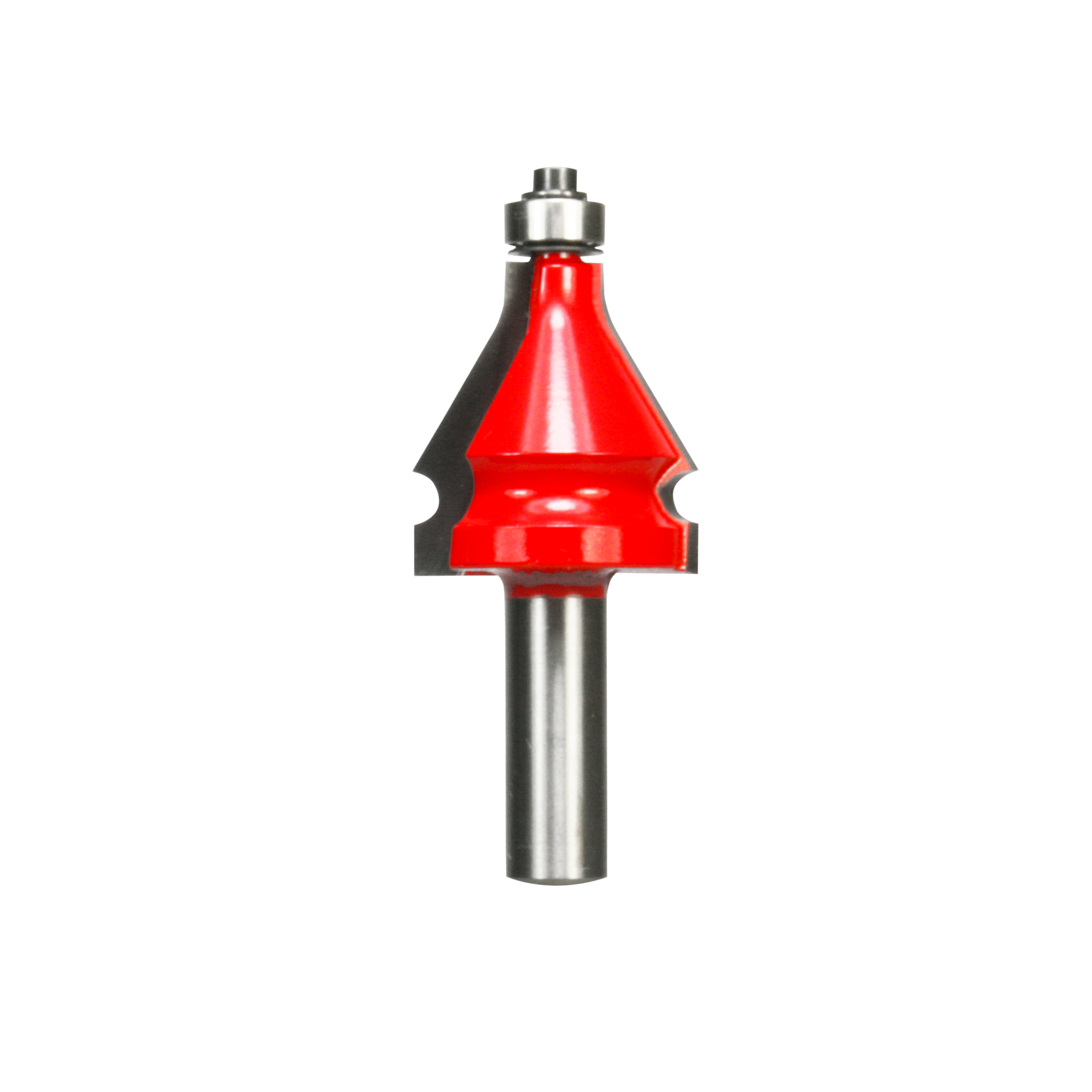 Red and silver handrail router bit with conical cutting head and metal shank for woodworking.