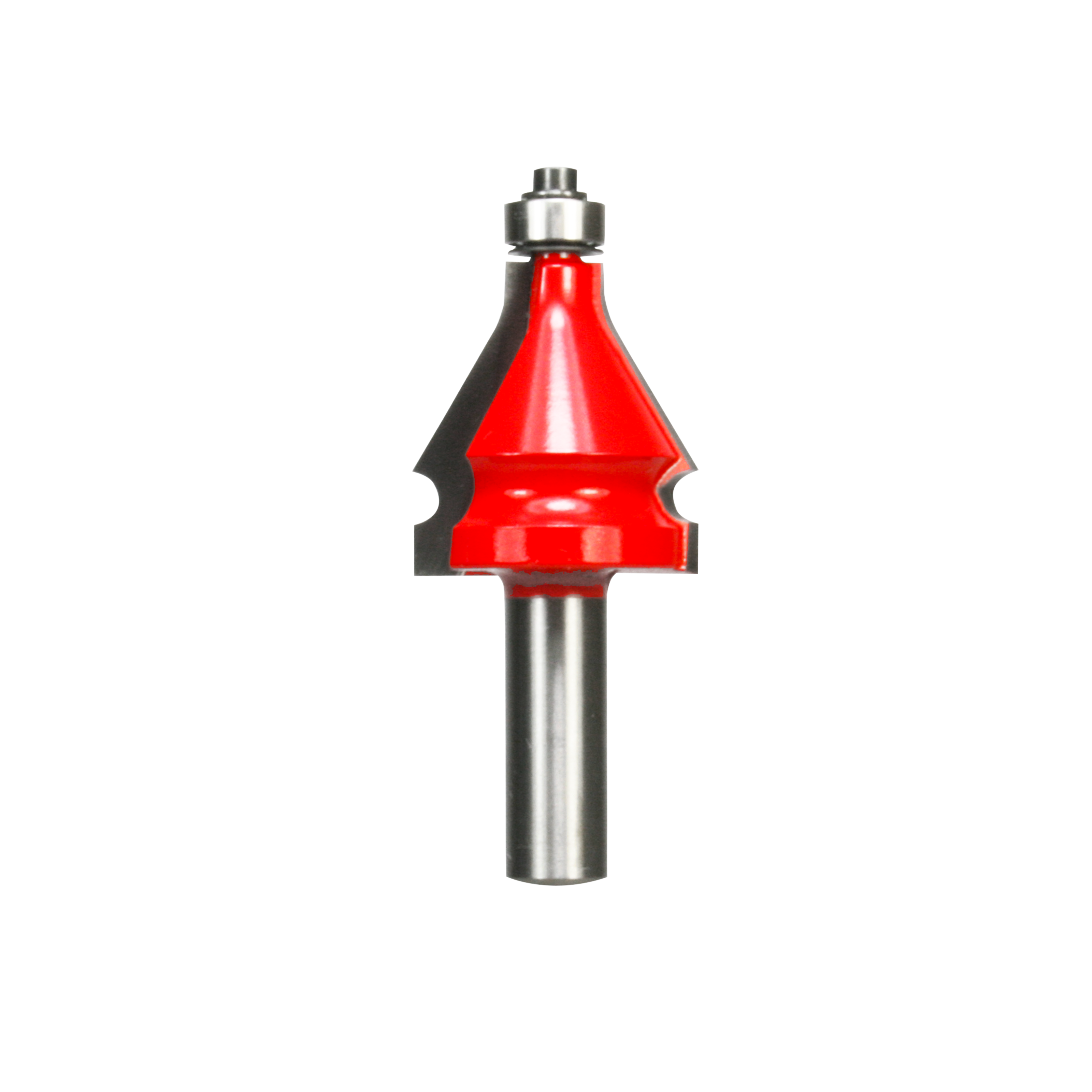 Red and silver handrail router bit with conical cutting head and metal shank for woodworking.