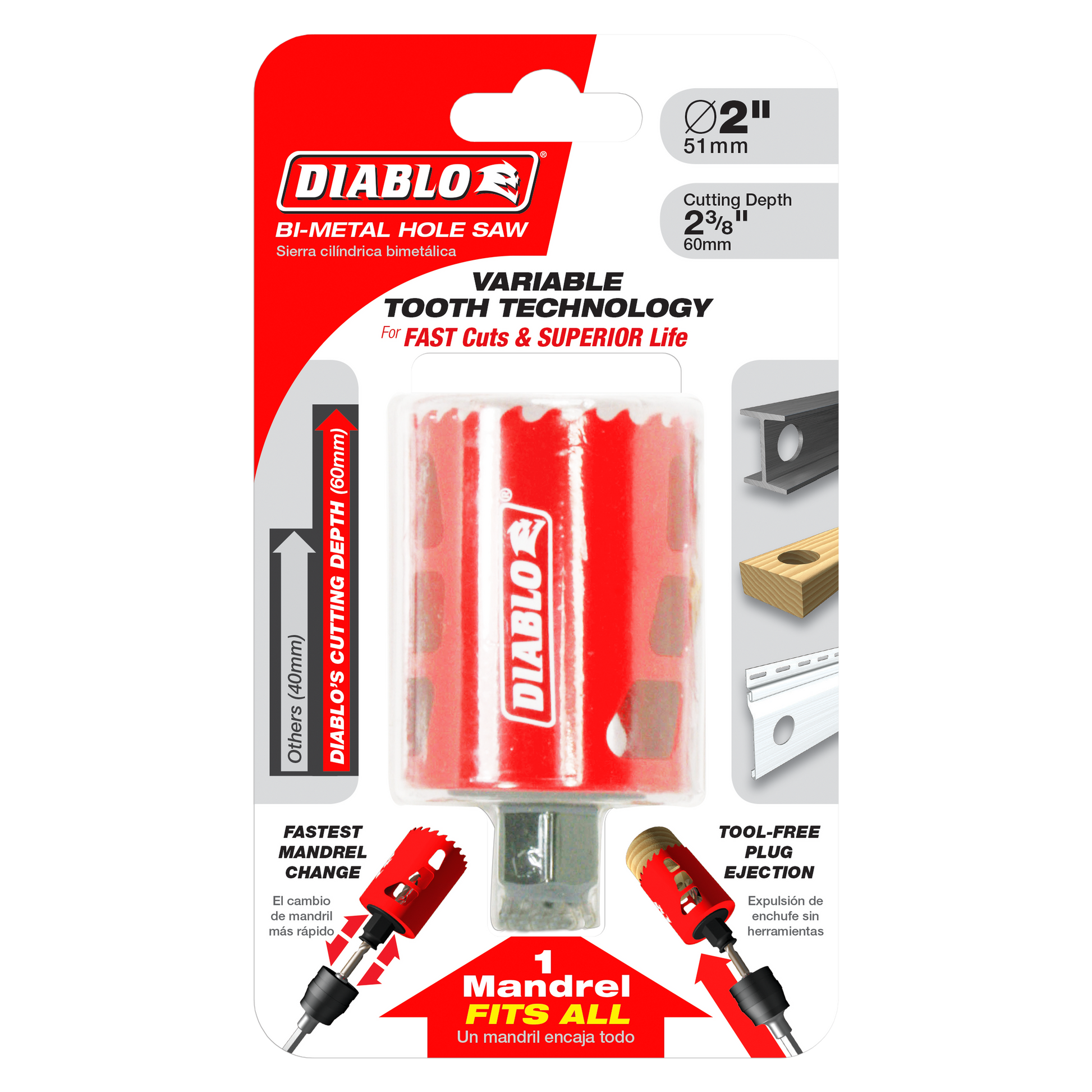 Diablo 2-inch bi-metal hole saw with red cutting head, mandrel, and packaging displaying specifications and features.