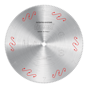 Freud 600mm circular saw blade with fine teeth and red wavy markings for aluminum cutting.