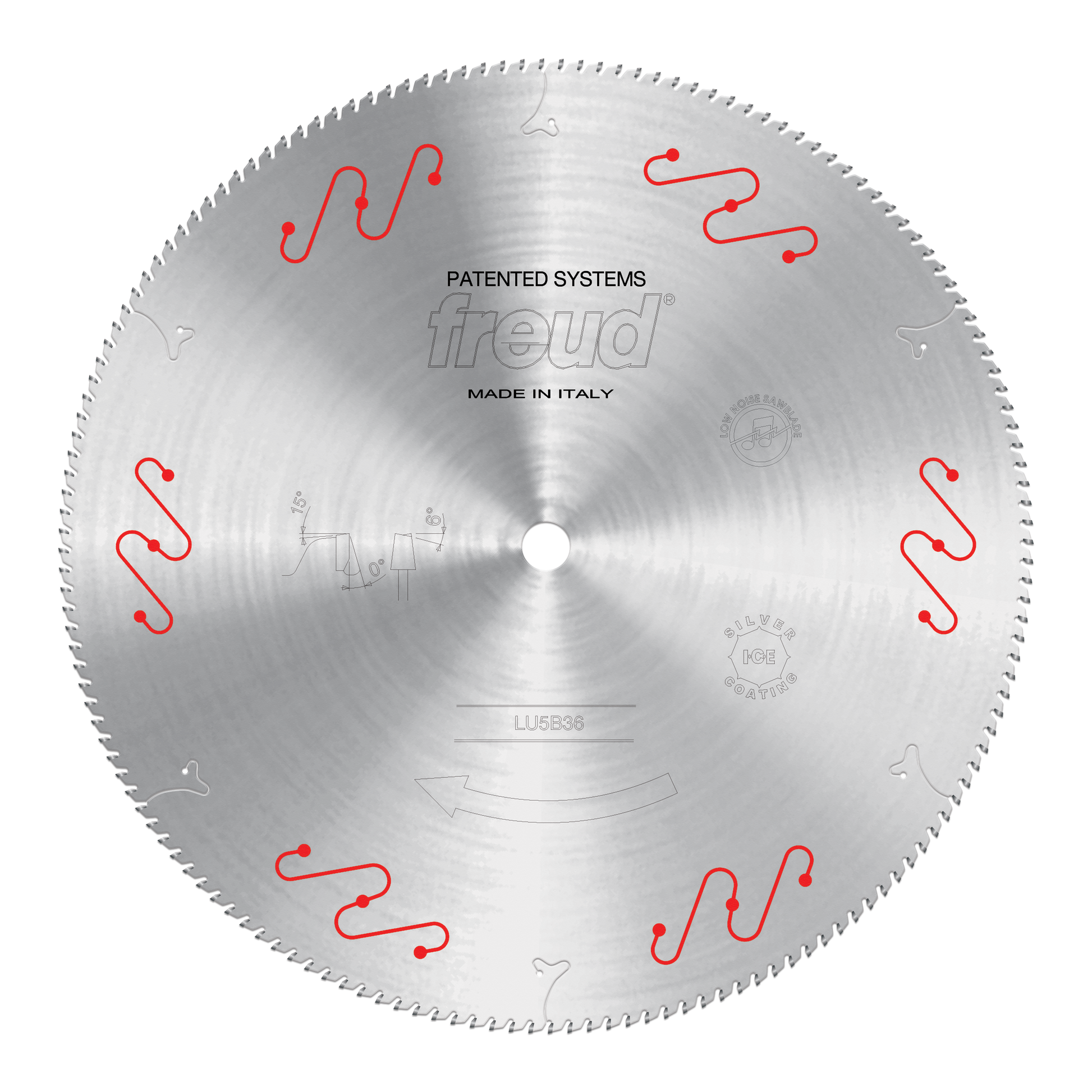 Freud 600mm circular saw blade with fine teeth and red wavy markings for aluminum cutting.