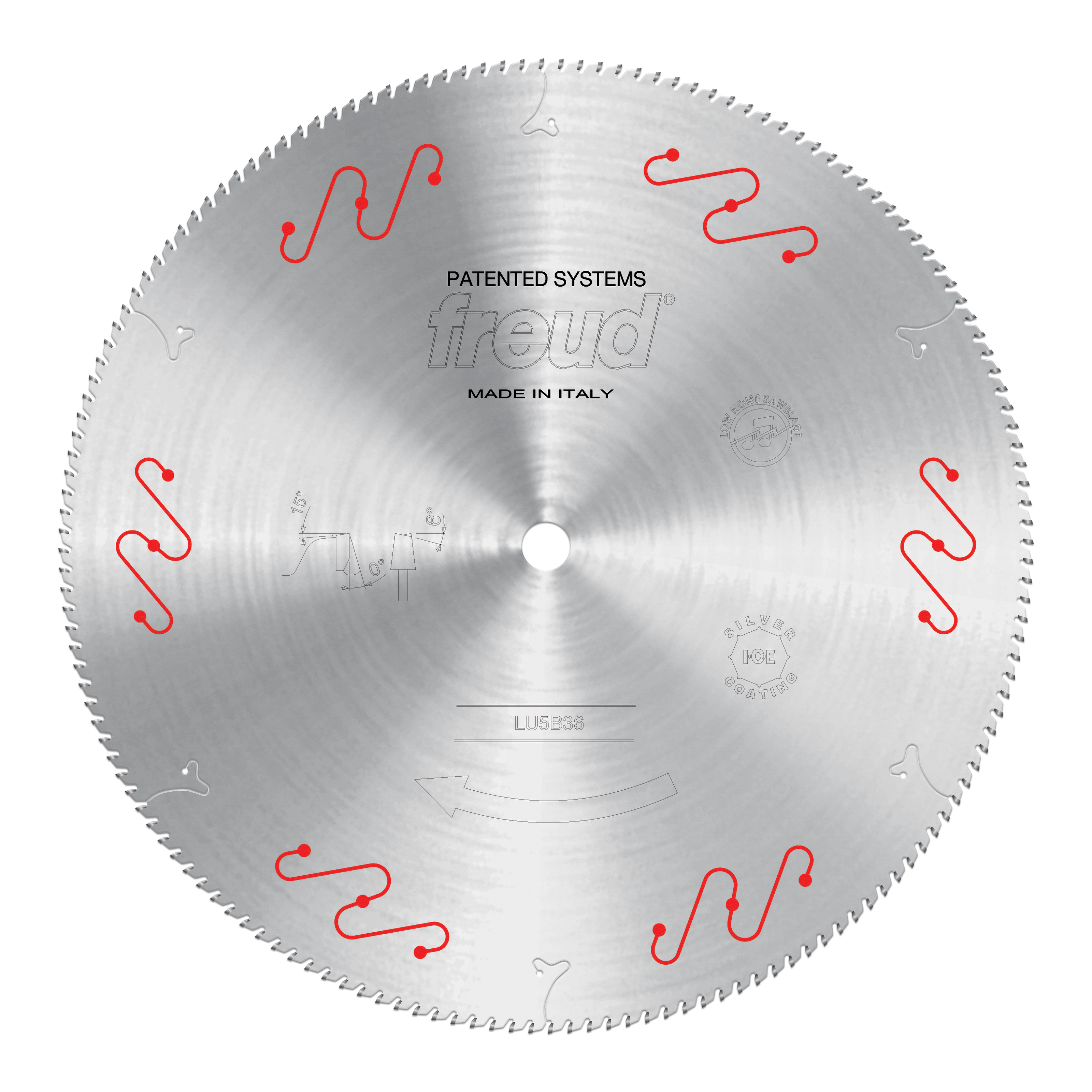 Freud 600mm circular saw blade with fine teeth and red wavy markings for aluminum cutting.