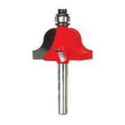Red and black Roman ogee router bit with metal shank and cutting edges, 1-3/8 inch diameter.