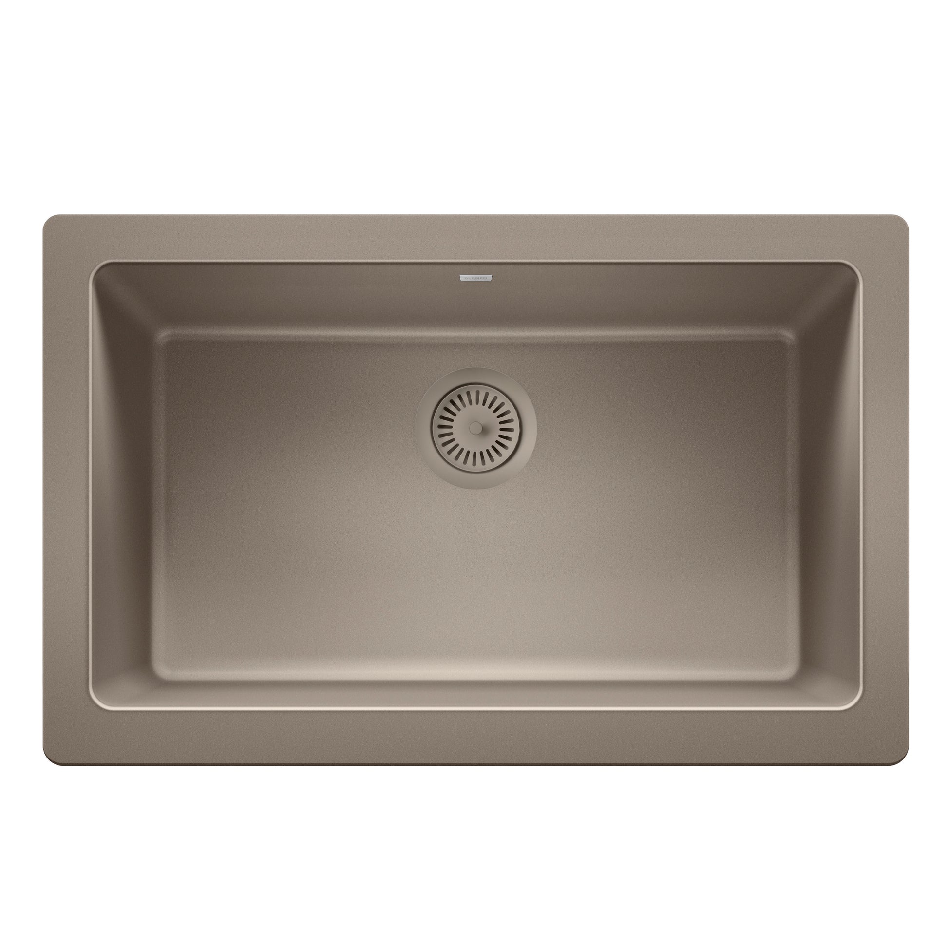 Truffle-colored metal waste flange with circular drain opening, shown installed in sink basin.