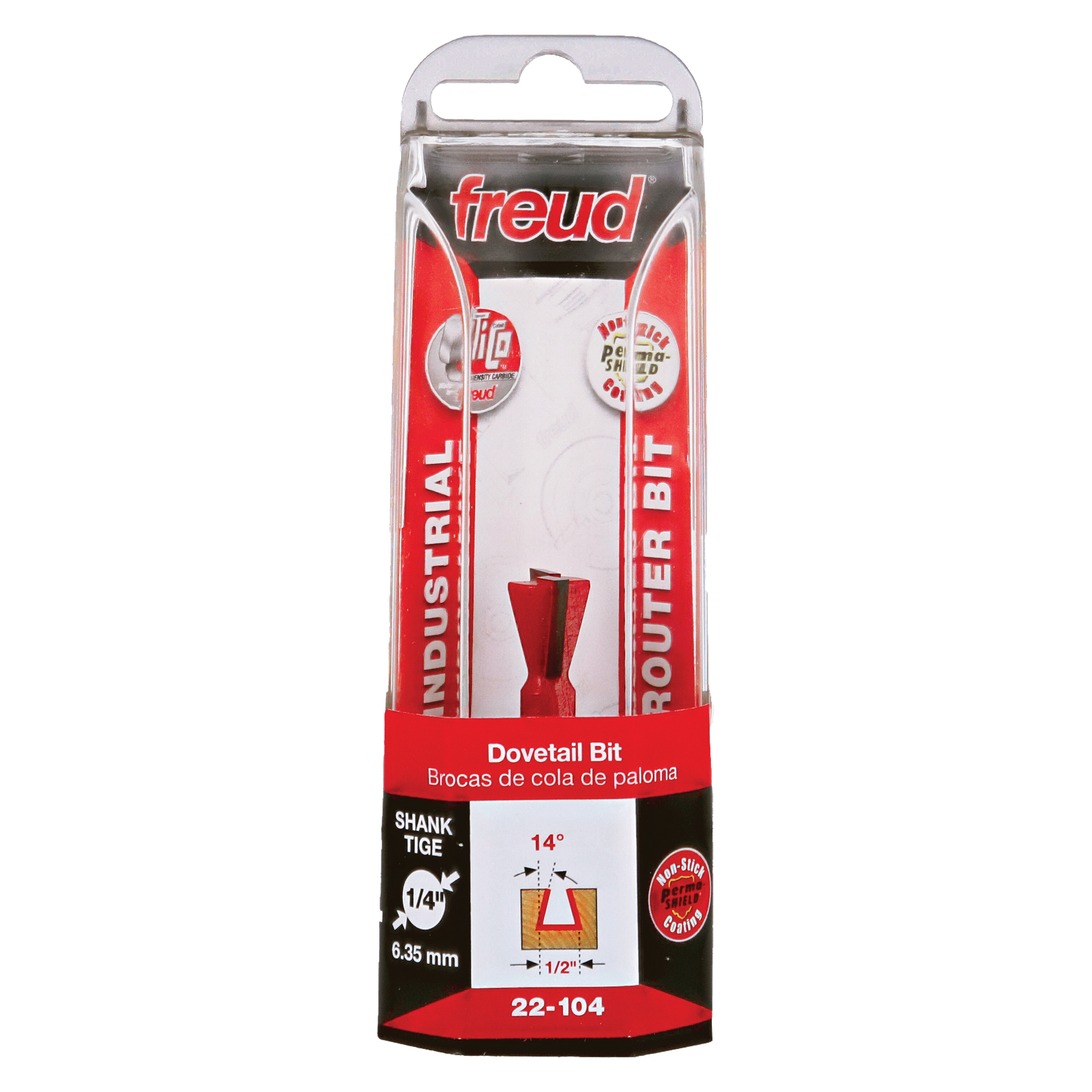 Freud 22-104 dovetail router bit with 1/4" shank in red and clear packaging.