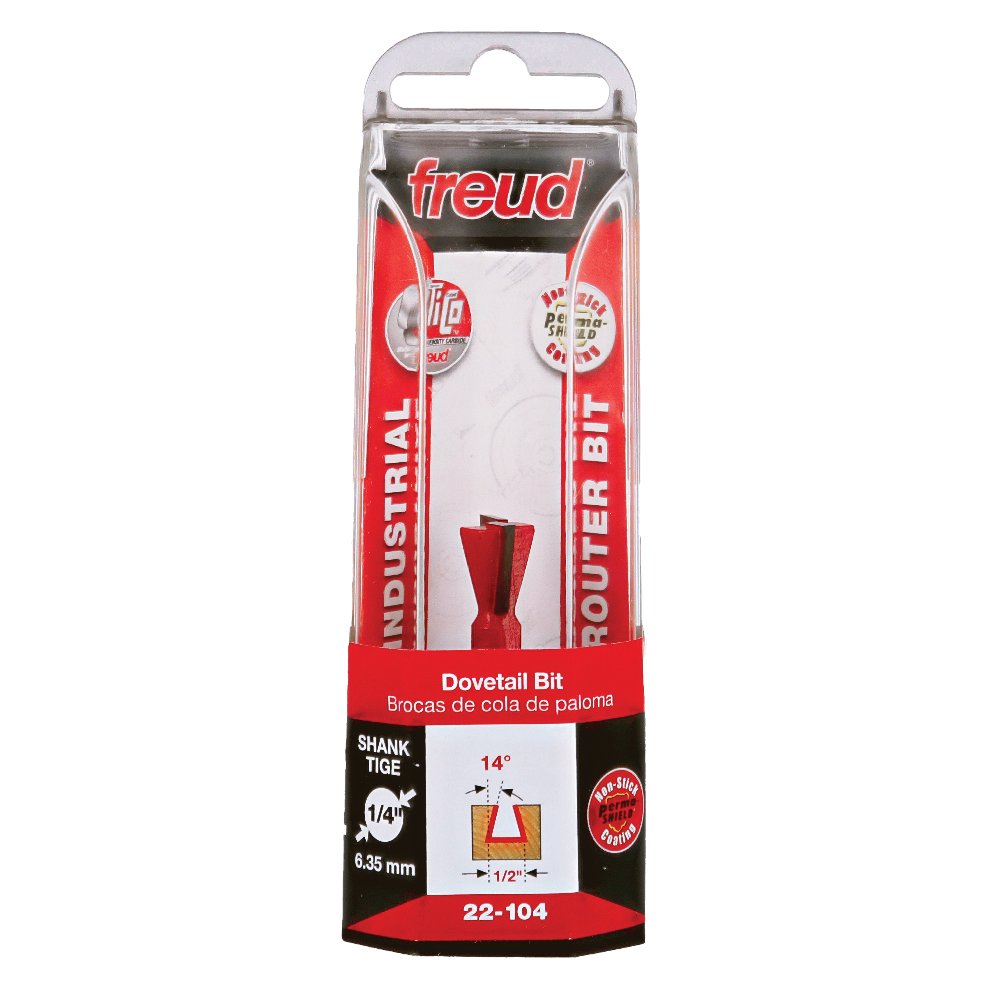Freud 22-104 dovetail router bit with 1/4" shank in red and clear packaging.