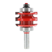 Red and silver router bit with curved cutting profiles and bearing guide for rail and stile woodworking.