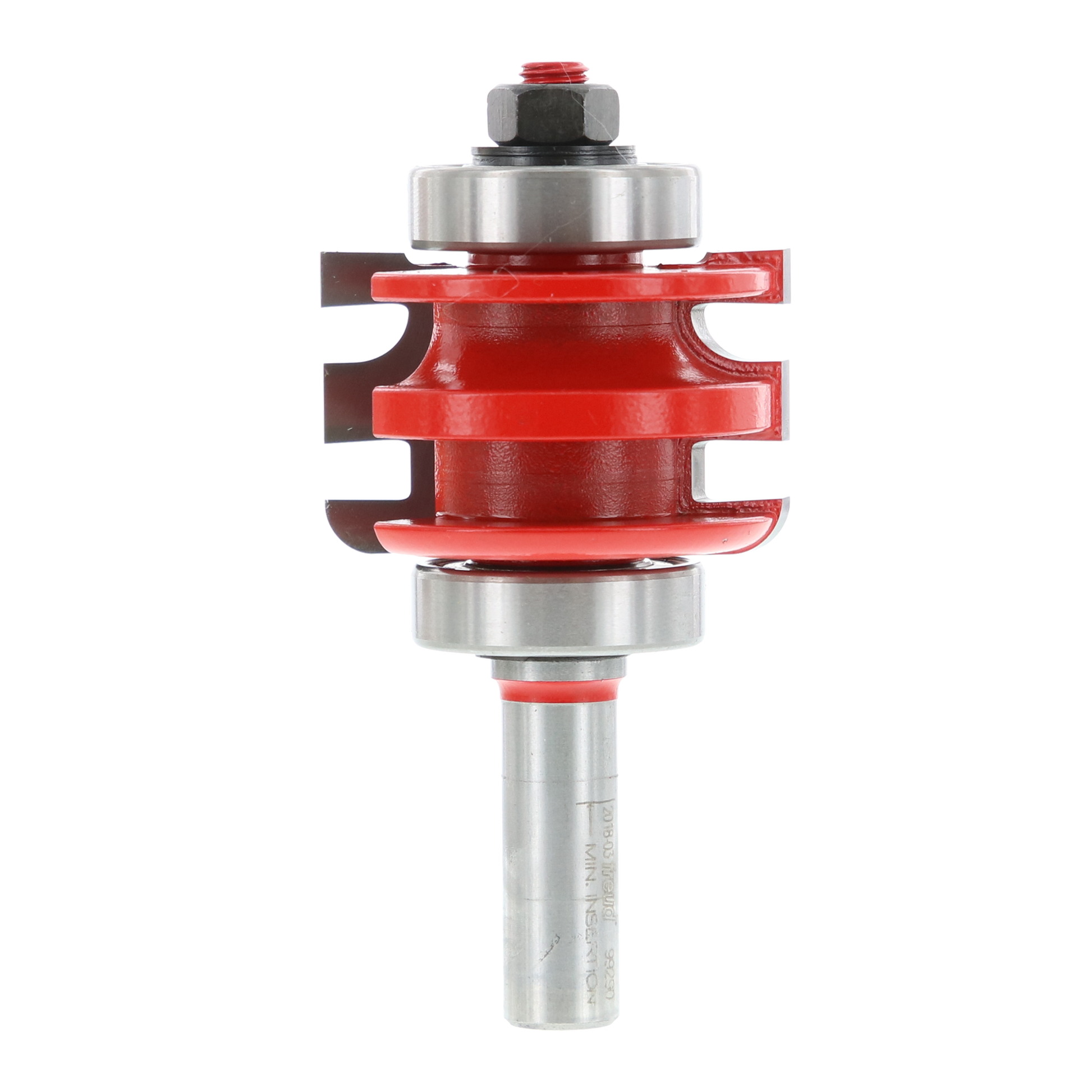 Red and silver router bit with curved cutting profiles and bearing guide for rail and stile woodworking.