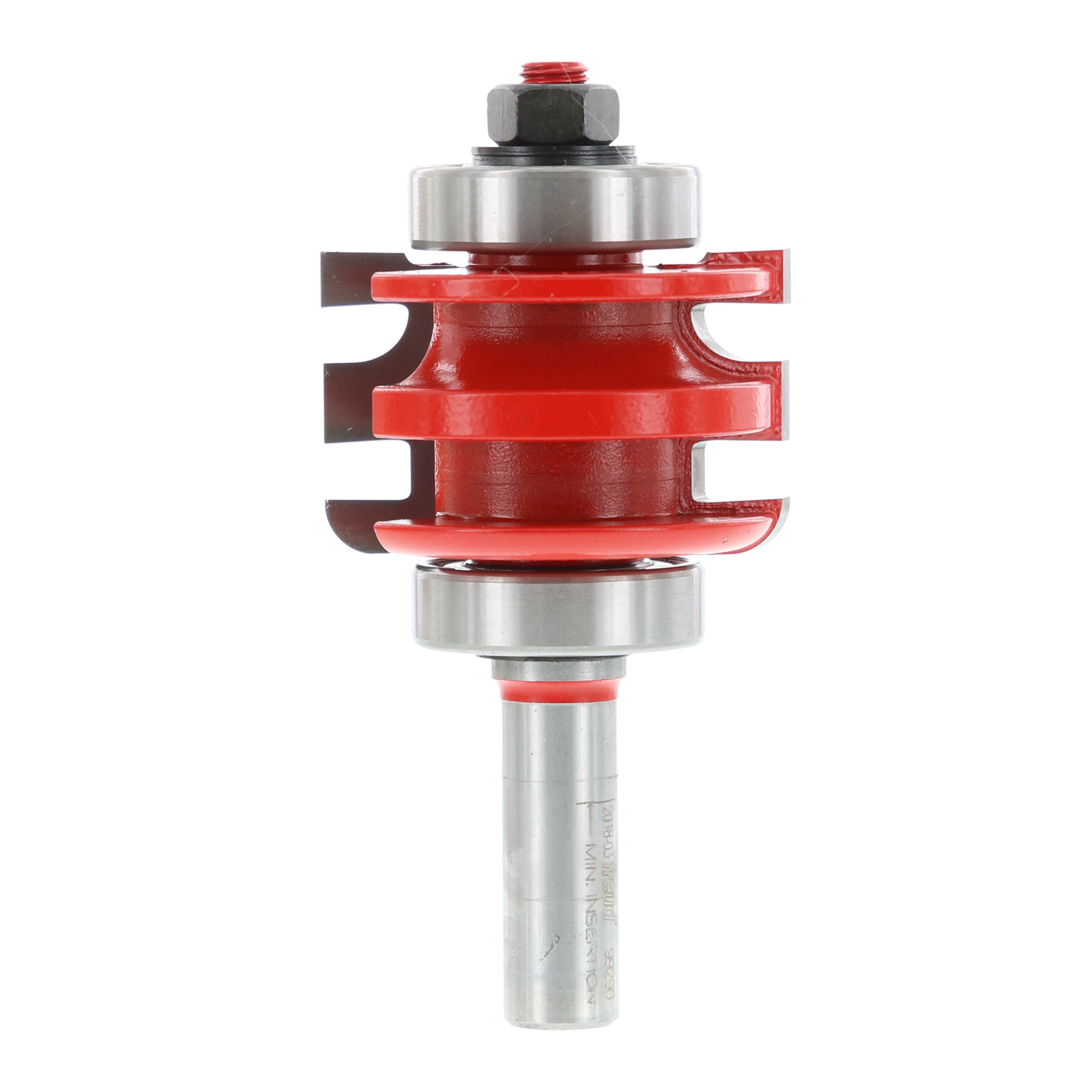 Red and silver router bit with curved cutting profiles and bearing guide for rail and stile woodworking.