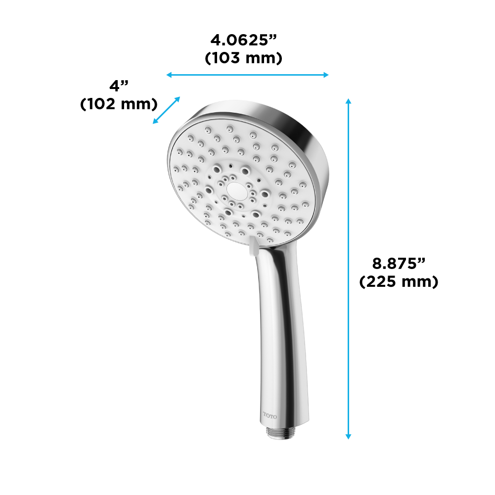 Polished chrome round handshower with multiple spray holes and tapered handle, measuring 4 inches diameter.