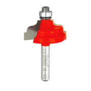 Router bit with red cutting head and metal shaft featuring double fillet ogee profile design.