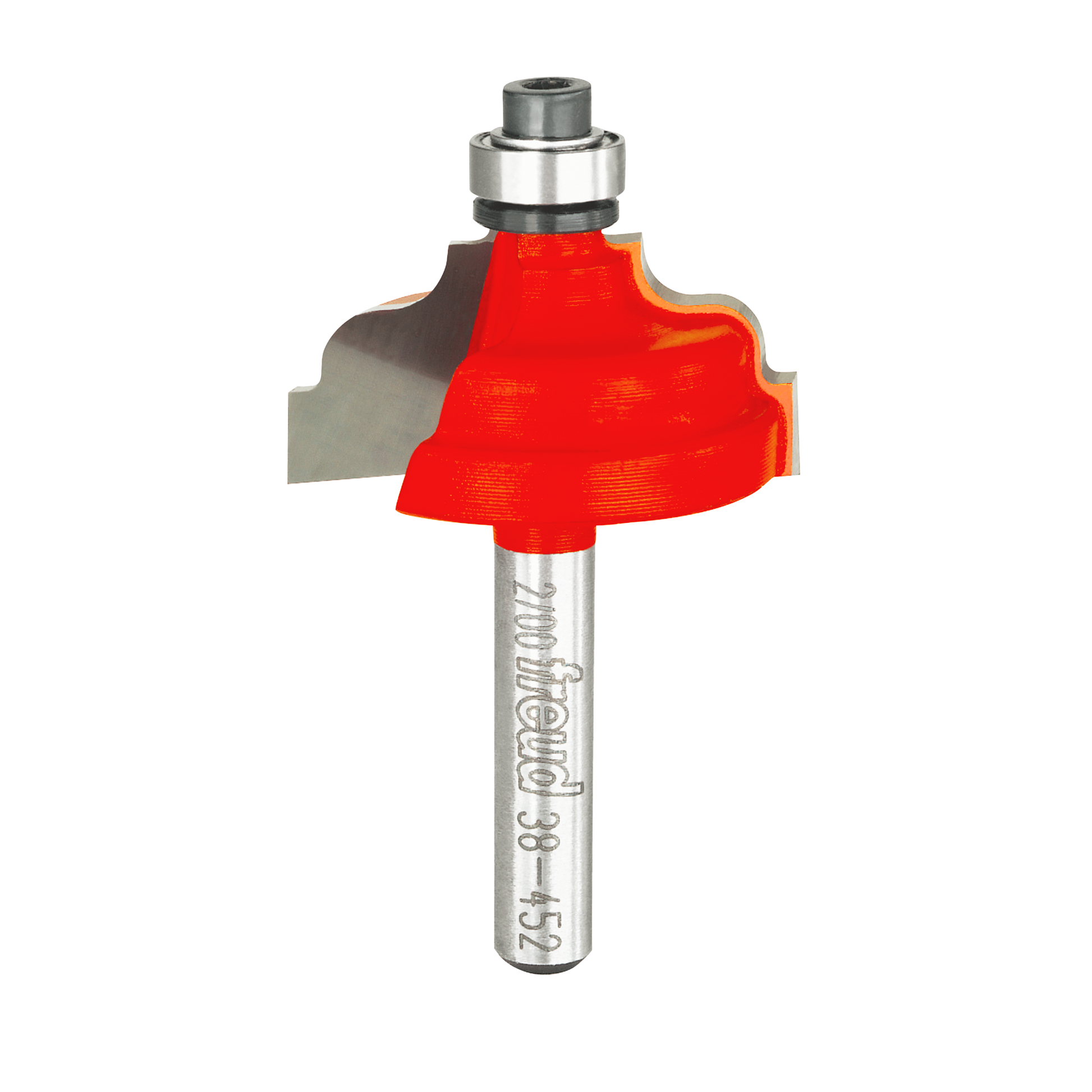 Router bit with red cutting head and metal shaft featuring double fillet ogee profile design.