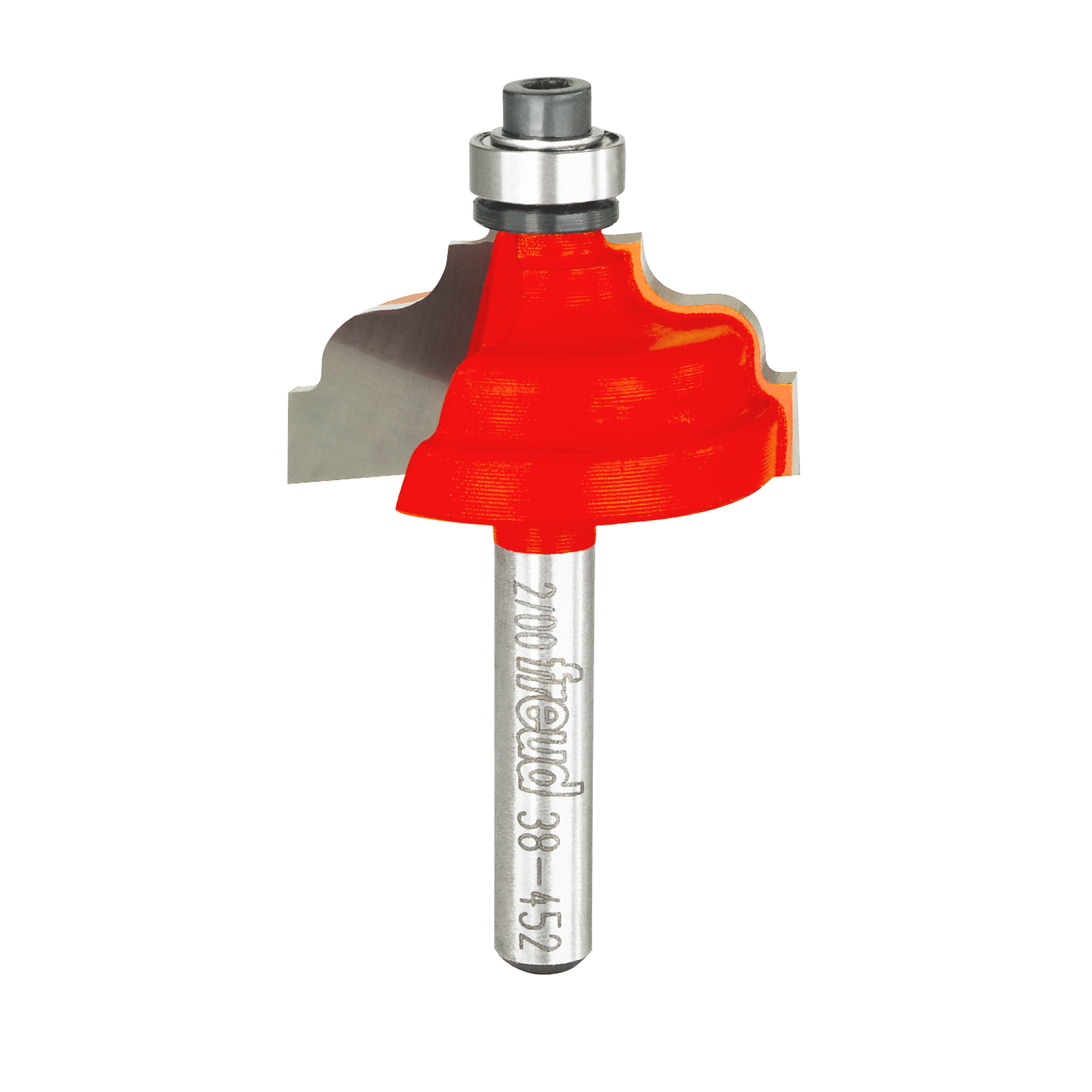 Router bit with red cutting head and metal shaft featuring double fillet ogee profile design.