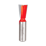 Red and silver dovetail router bit with angled cutting edges on cylindrical metal shank.
