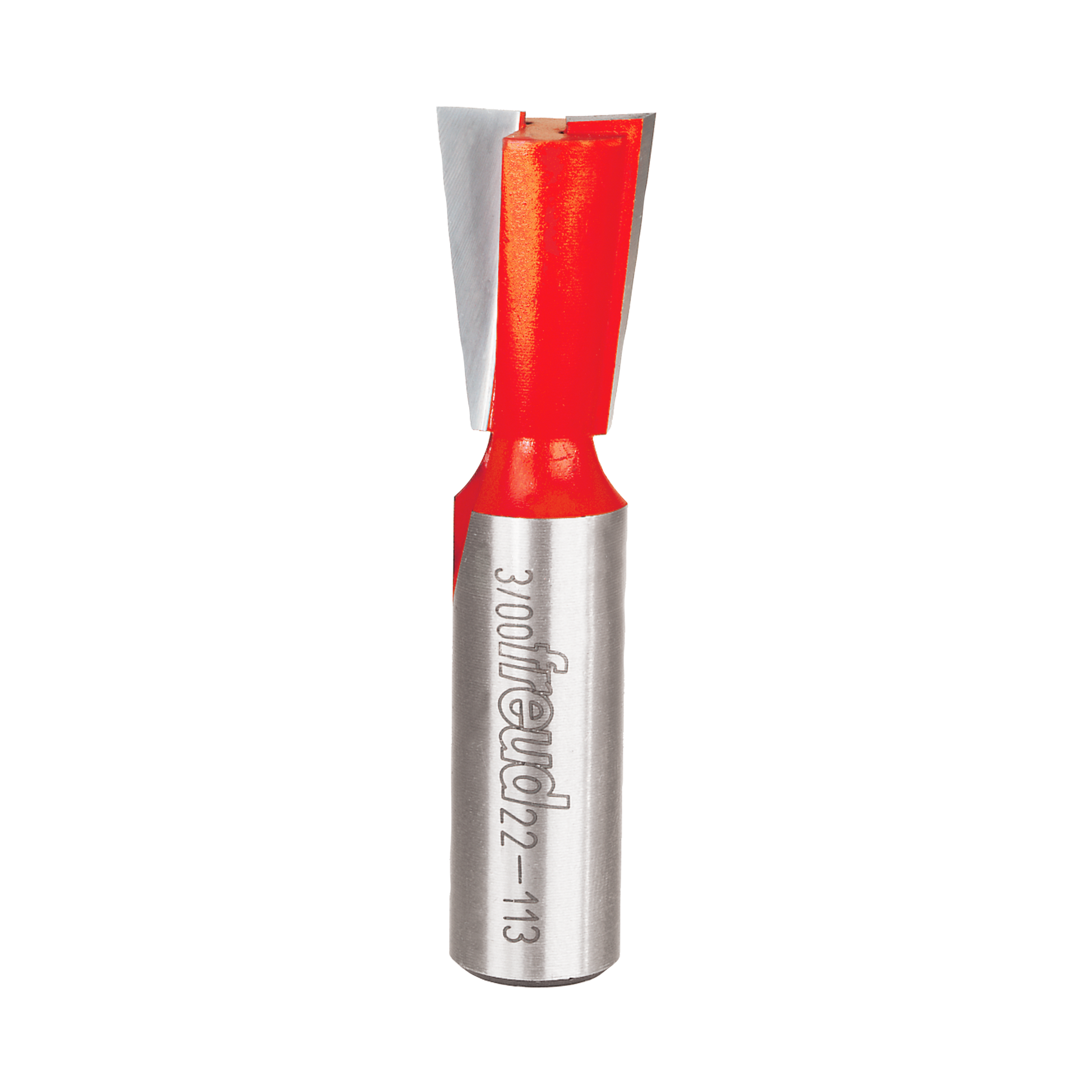 Red and silver dovetail router bit with angled cutting edges on cylindrical metal shank.