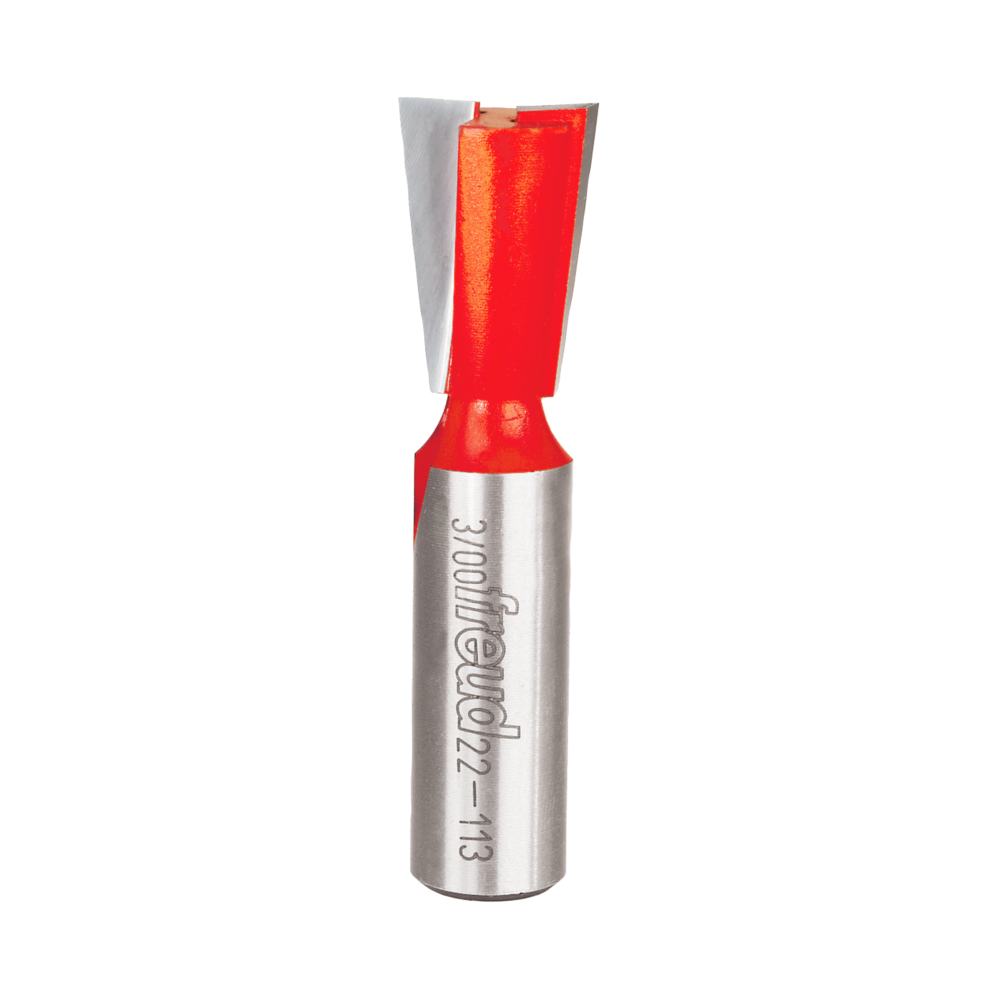Red and silver dovetail router bit with angled cutting edges on cylindrical metal shank.