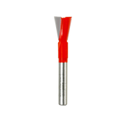 Dovetail router bit with red cutting head and silver metal shaft for woodworking joints.